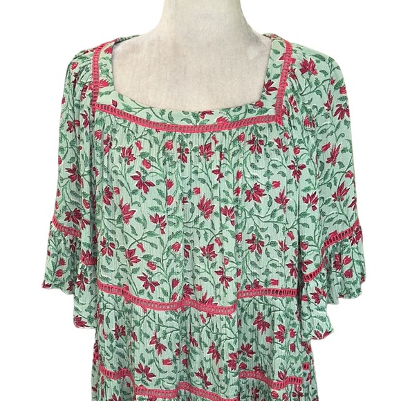 Celina Moon Green Pink Floral Crochet Lace Trimmed Tiered Crinkly Mini Dress - M - Picture 2 of 12